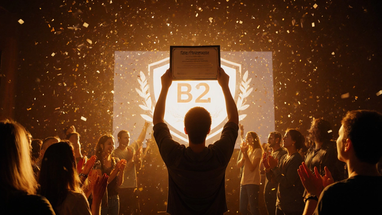 Celebratory stage scene with learner holding certificate and friends applauding.