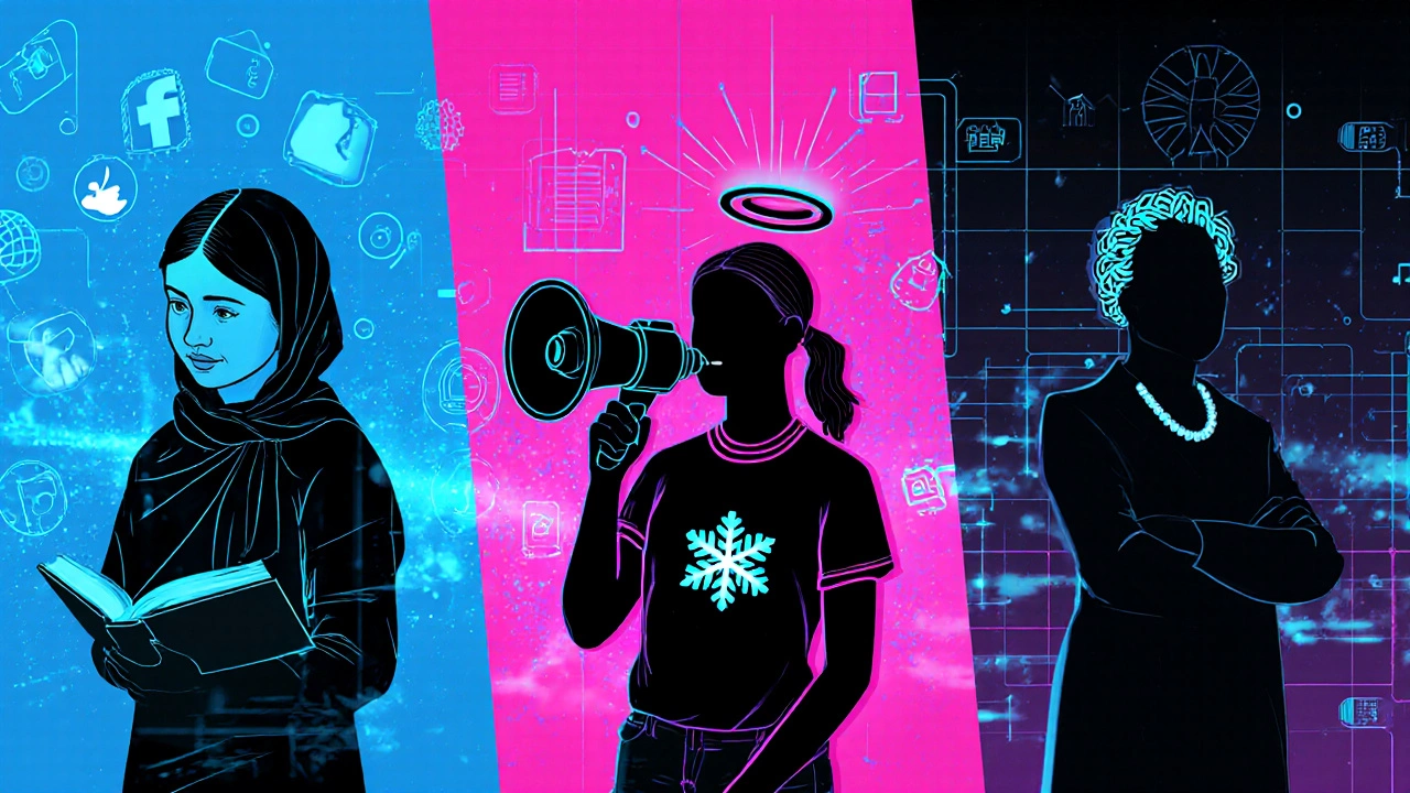 Digital silhouette collage of Malala, Greta, and Ellen with abstract social‑media elements.
