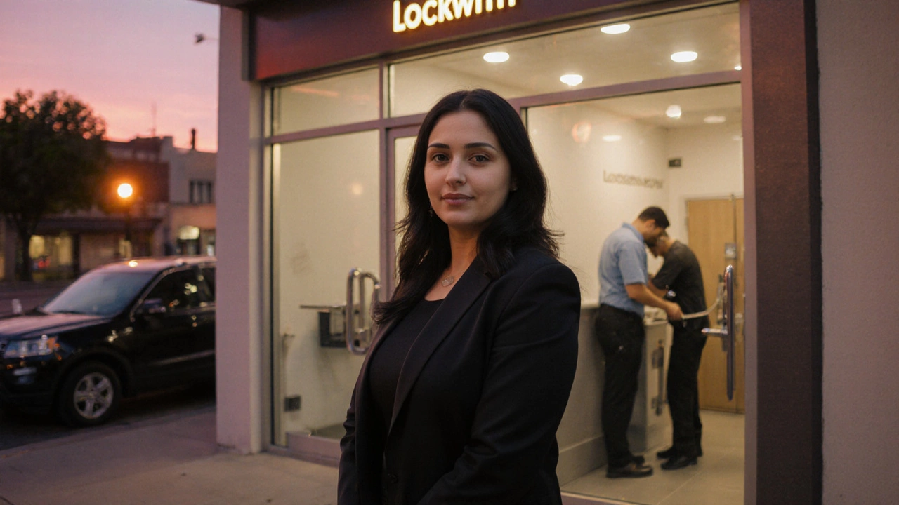 Female locksmith shop owner standing proudly outside her modern security store.