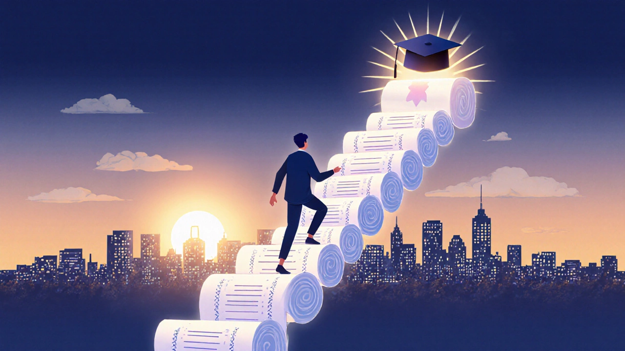 Figure climbing a ladder of certificates and associate degrees toward a bachelor’s cap against a sunrise skyline.
