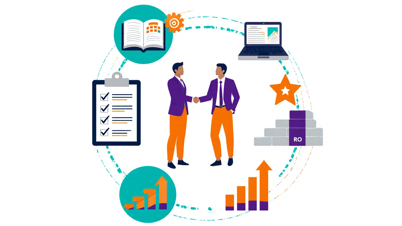 Flat‑vector icons showing assessment, learning, mentorship, appraisal, pathing, and ROI.