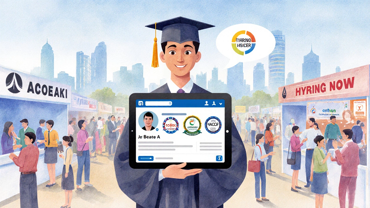 Graduate at a job fair presenting LinkedIn profile and certifications.
