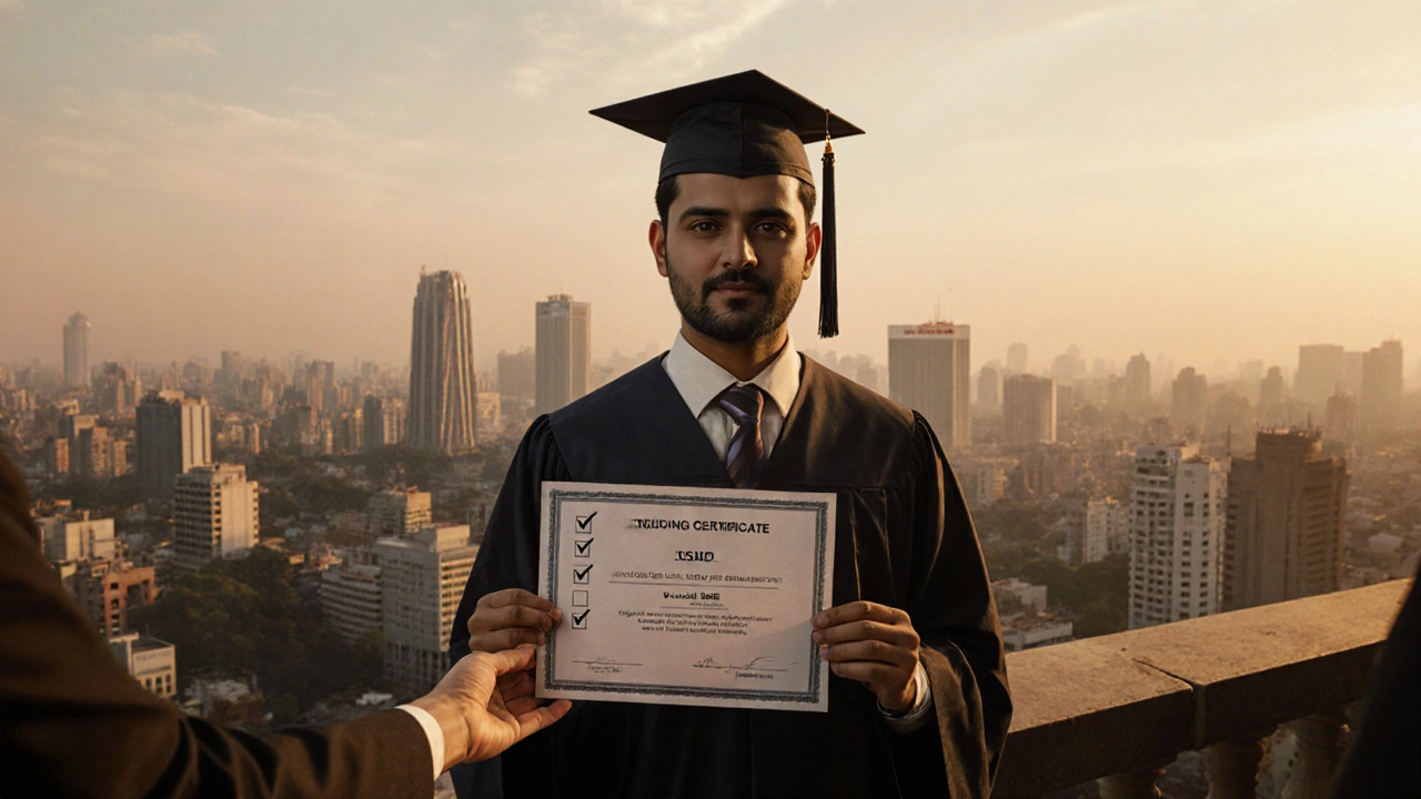 Graduate proudly holding a trading certificate on a balcony at sunrise.