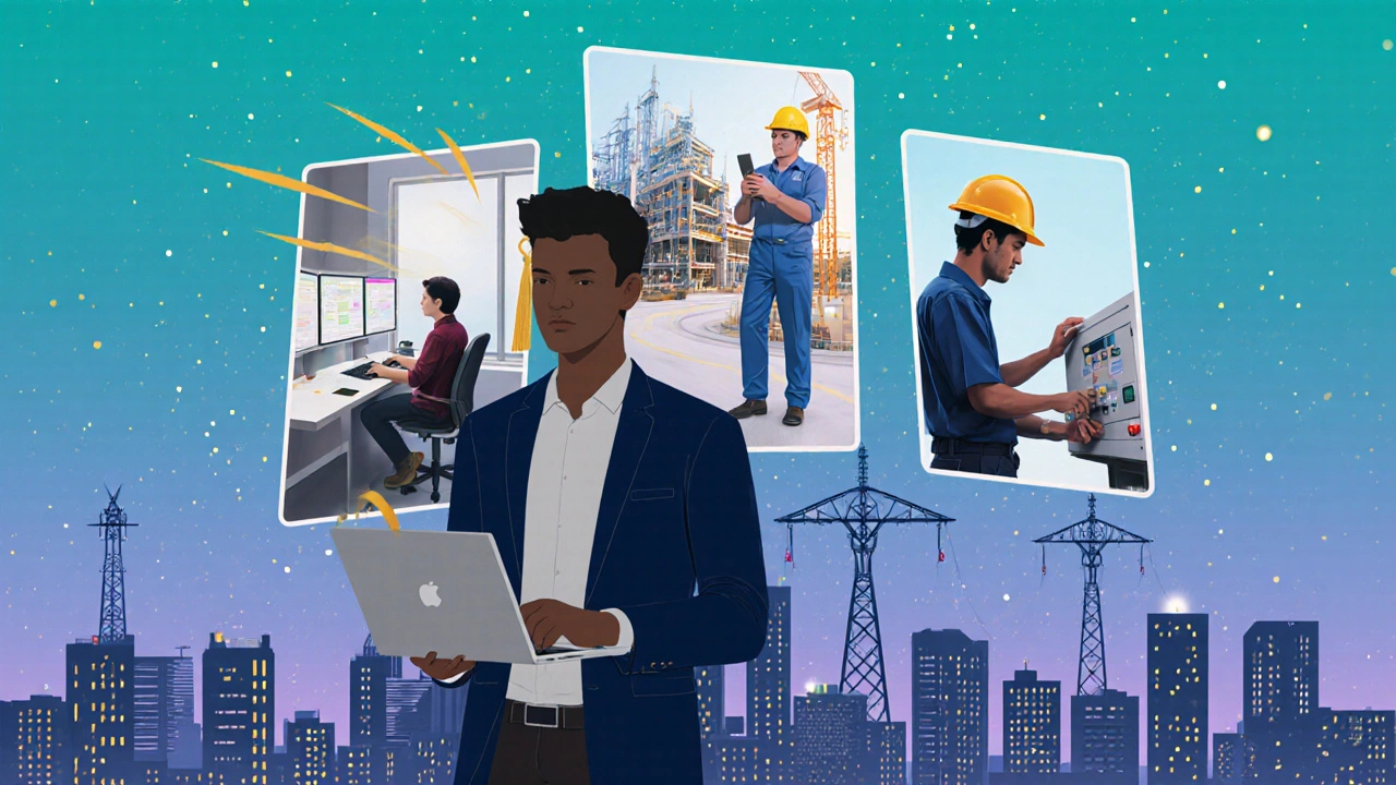 Graduate with laptop surrounded by four career scenes: software, manufacturing, construction, and power.