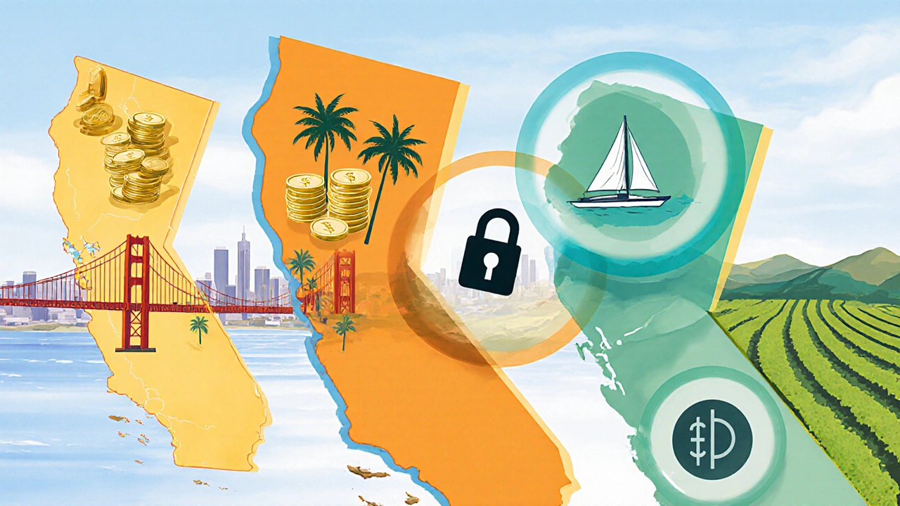 Illustrated California map highlighting major cities with lock and coin icons.