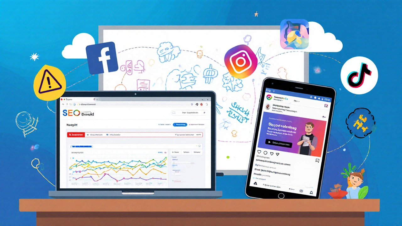 Illustration of marketer handling SEO audit and social media ad mockups.