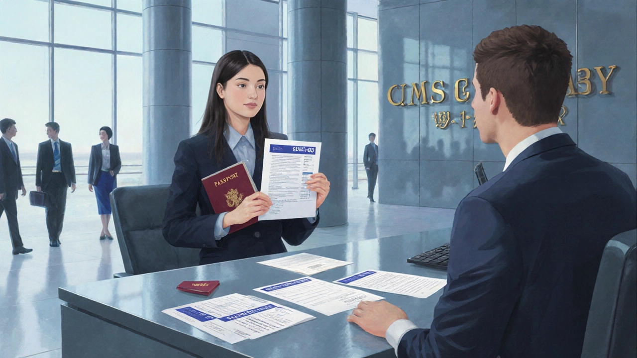 International student attending an F‑1 visa interview at a U.S. embassy with documents.
