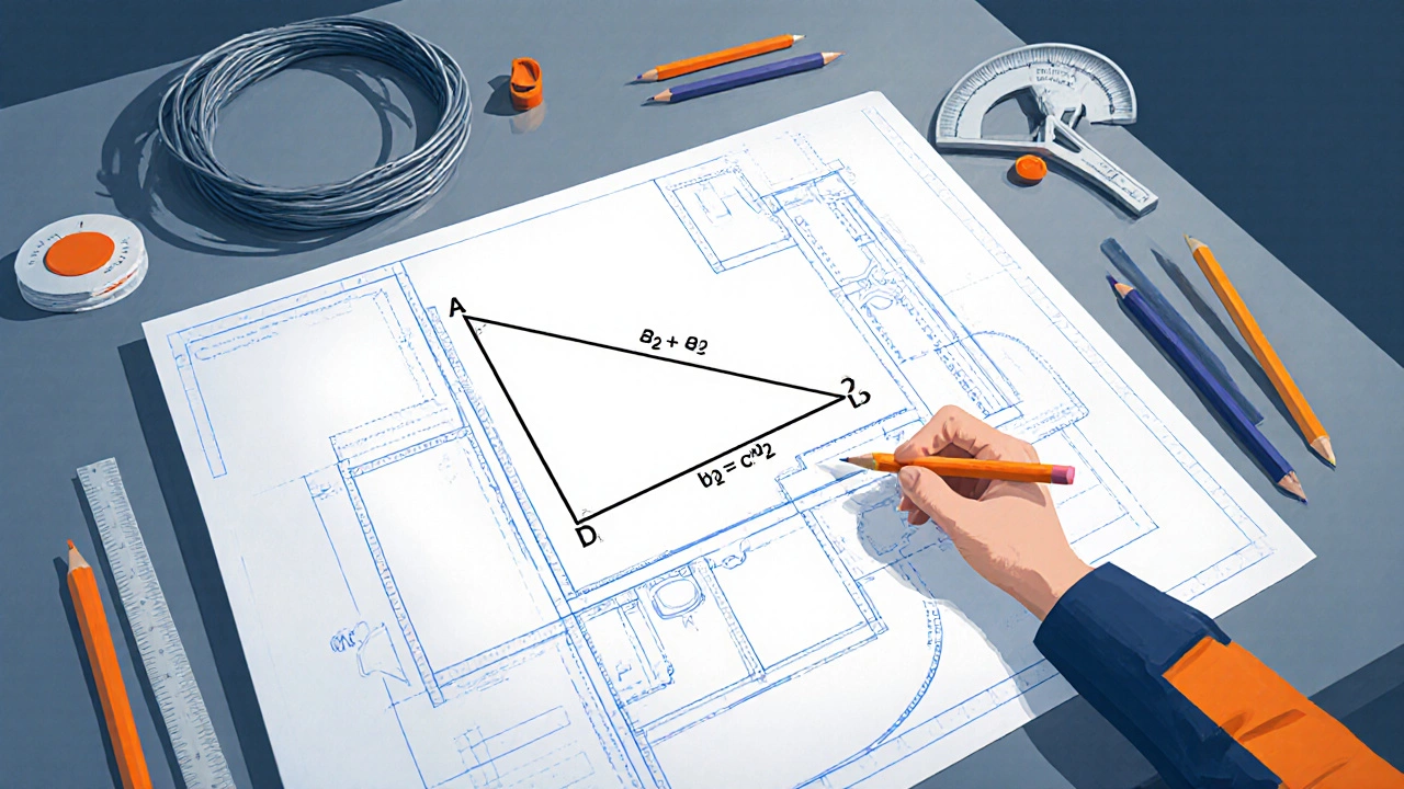 Isometric view of a drafting table with geometry and trig overlays for conduit planning.