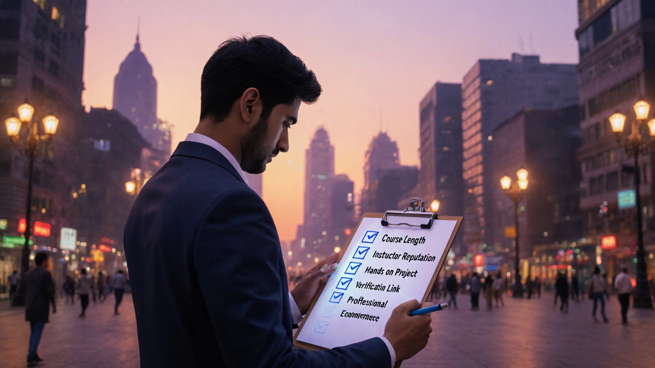 Job seeker checking a five‑point credibility list in a city plaza at dusk.