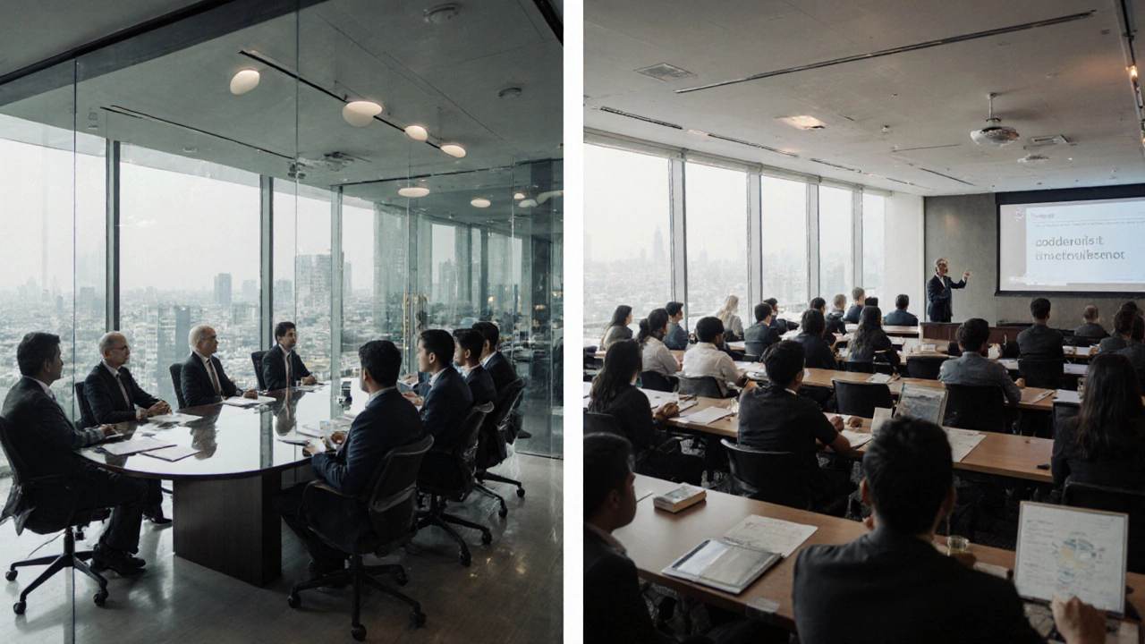 Modern office boardroom and university lecture hall where professionals and students converse in English.
