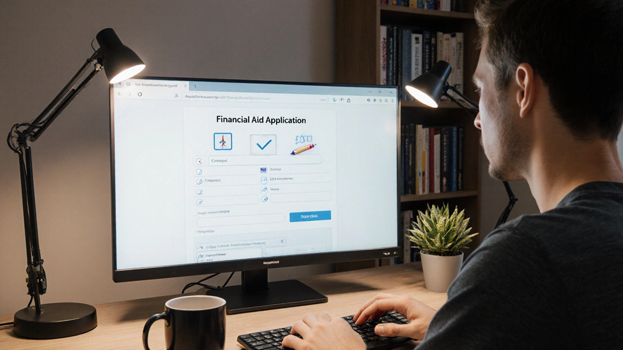 Person filling out a financial aid form on a computer in a cozy home office.