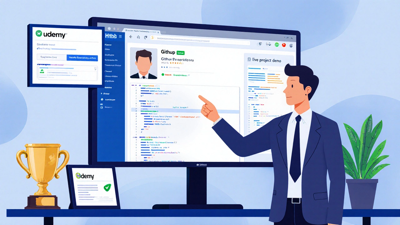 Recruiter examining a candidate&#039;s GitHub project and Udemy verification on monitors.