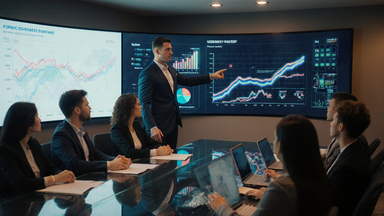 Senior marketing manager presenting a growth dashboard to a team.