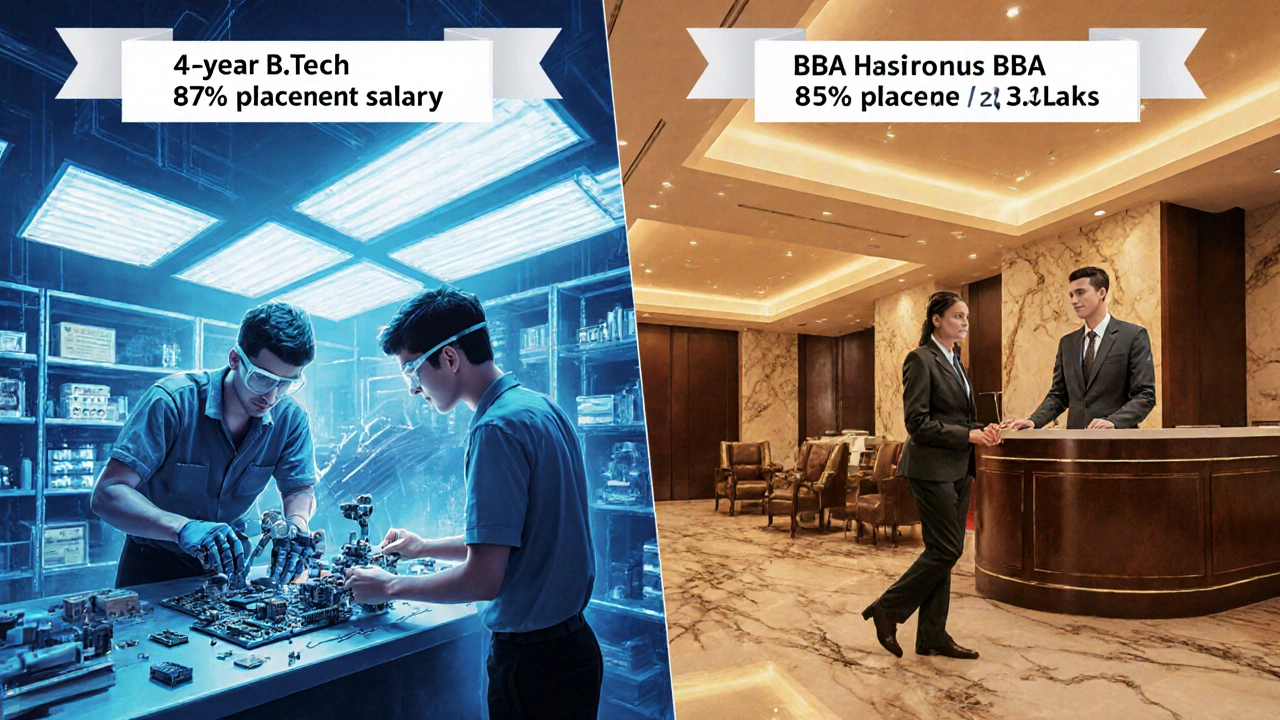 Split scene of engineering lab and hotel lobby showing top degrees and placement stats.