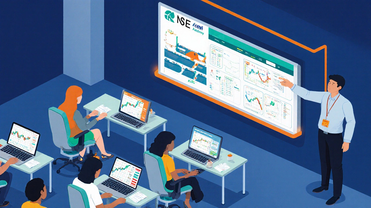Students in a high‑tech classroom learning trading with instructor.