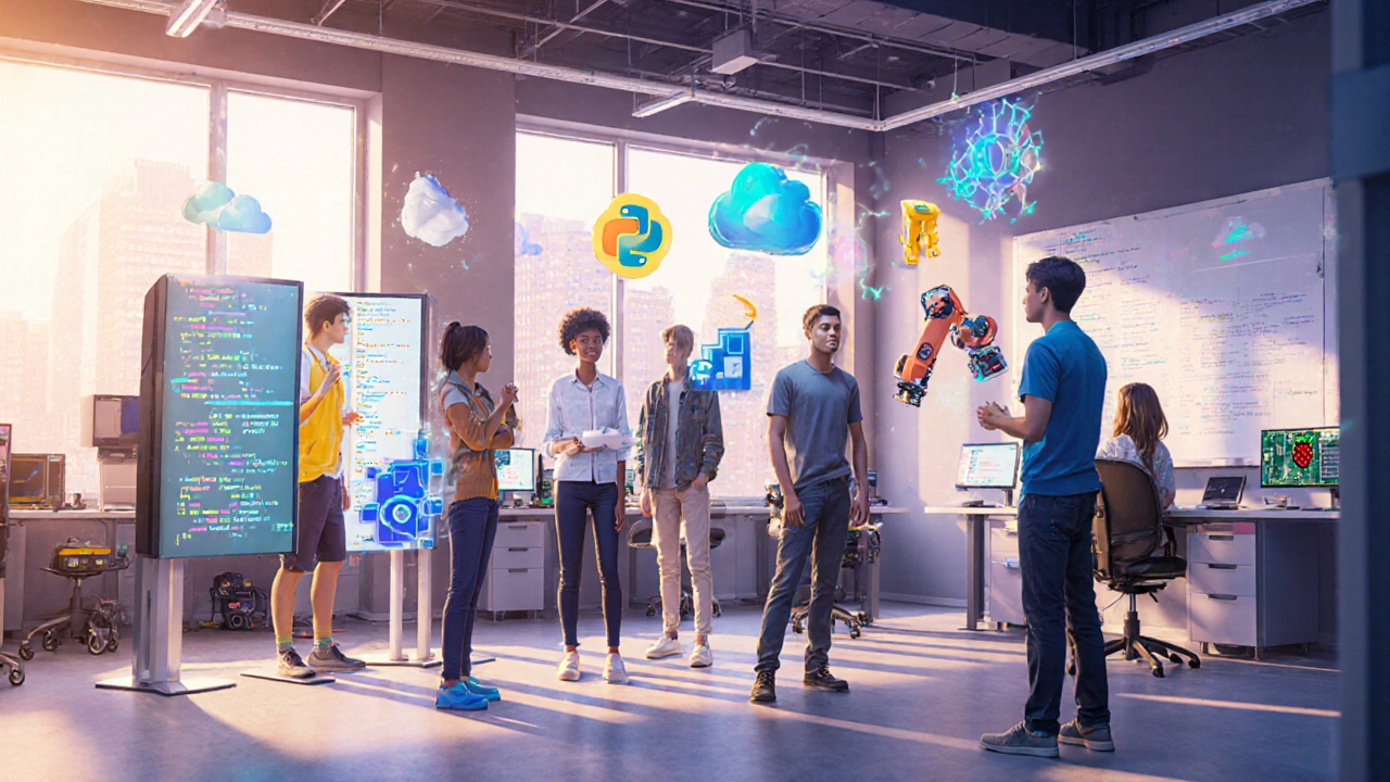 Students in a modern computer lab working on code, cloud, and AI project displays.