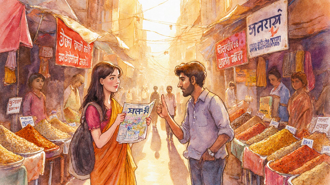 Tourist and street vendor exchanging greetings in English and Marathi at a lively market.