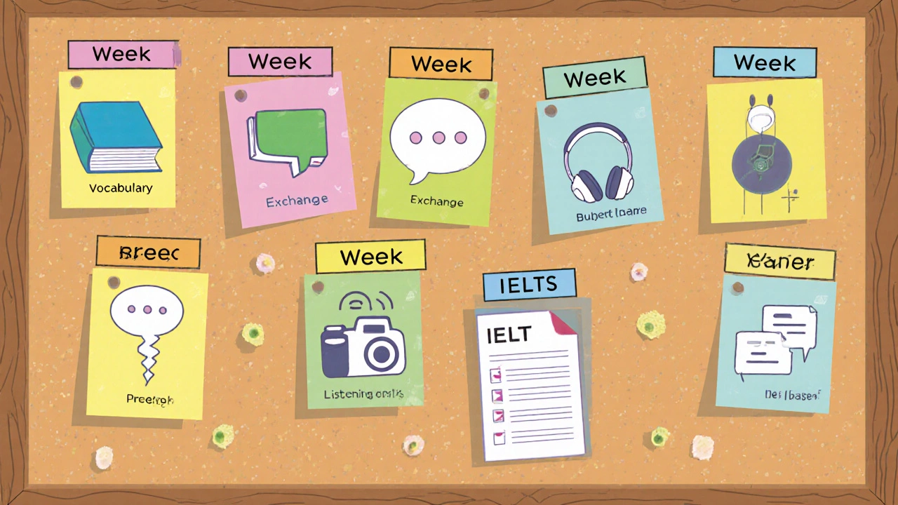 Vector board shows 12‑week English plan with colorful sticky notes and icons.