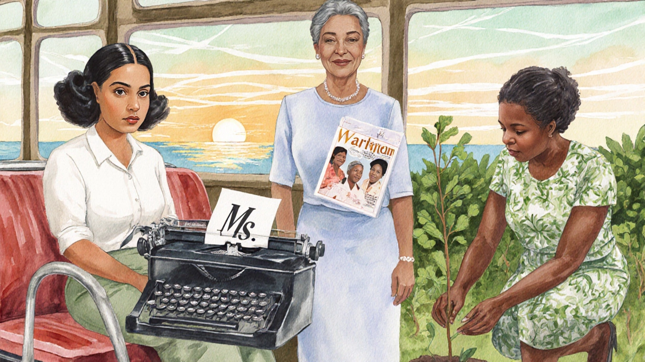 Watercolor mural of Rosa Parks, Gloria Steinem, and Wangari Maathai in their iconic settings.