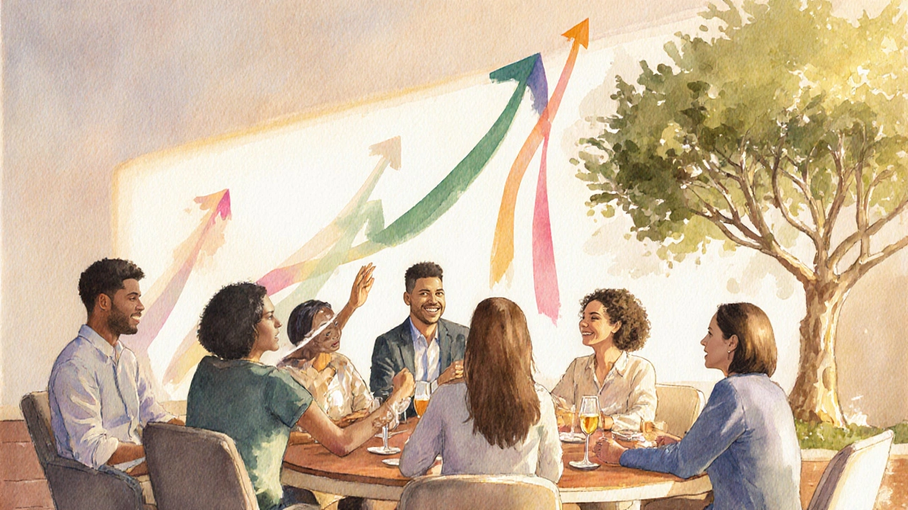 Watercolor office lounge with diverse team celebrating growth and development.