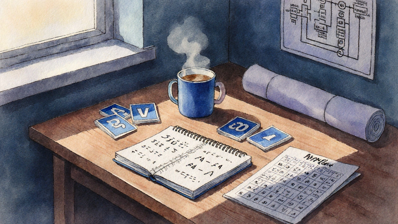 Watercolor study desk with flashcards, notebook, and AWG chart for electrician training.